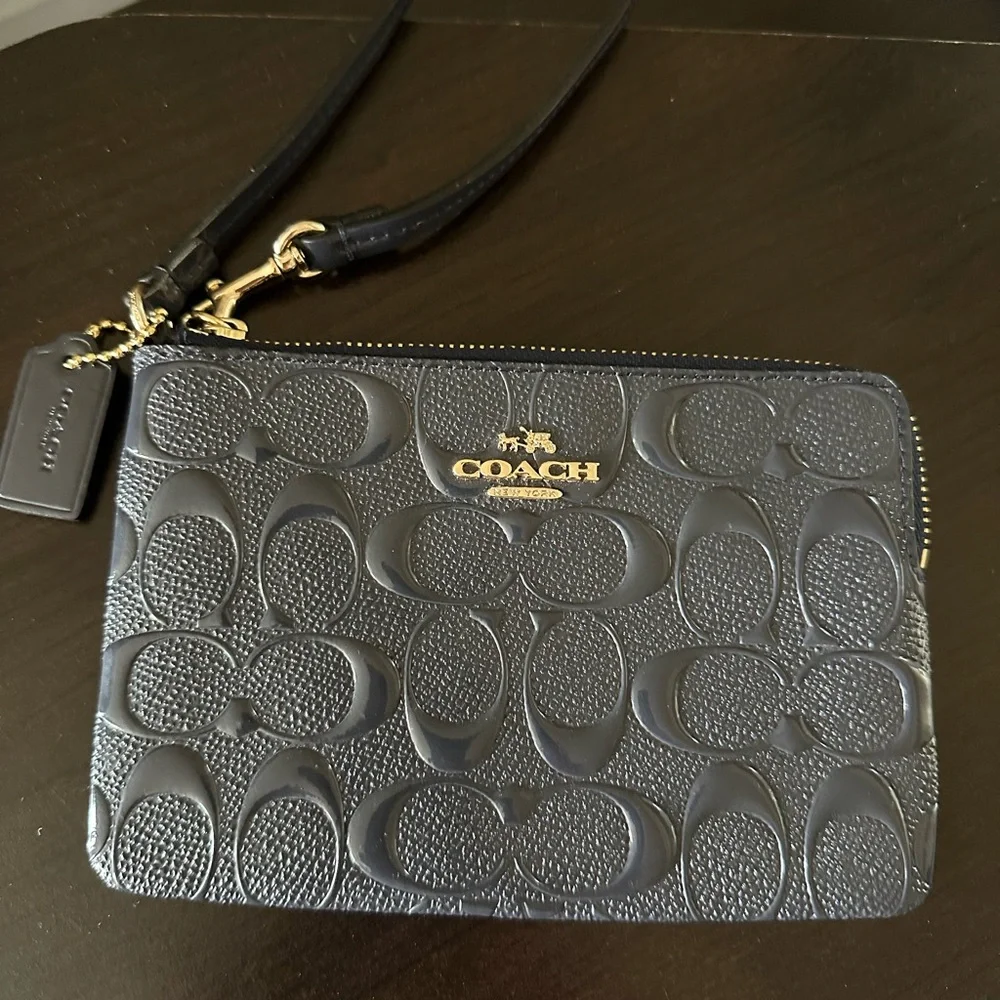 Coach Navy Embossed Leather Wristlet - Picture 2 of 7